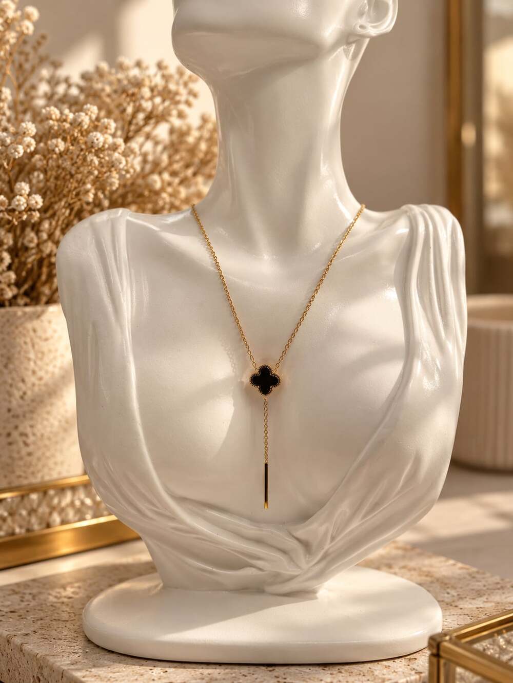 Black Enamel Four Leaf Clover Lariat Necklace
